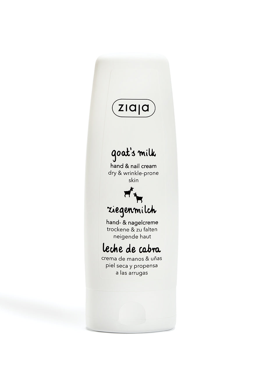 A white plastic tube packaging of Ziaja Goats Milk Hand & Nail Cream with product details in English and Polish.