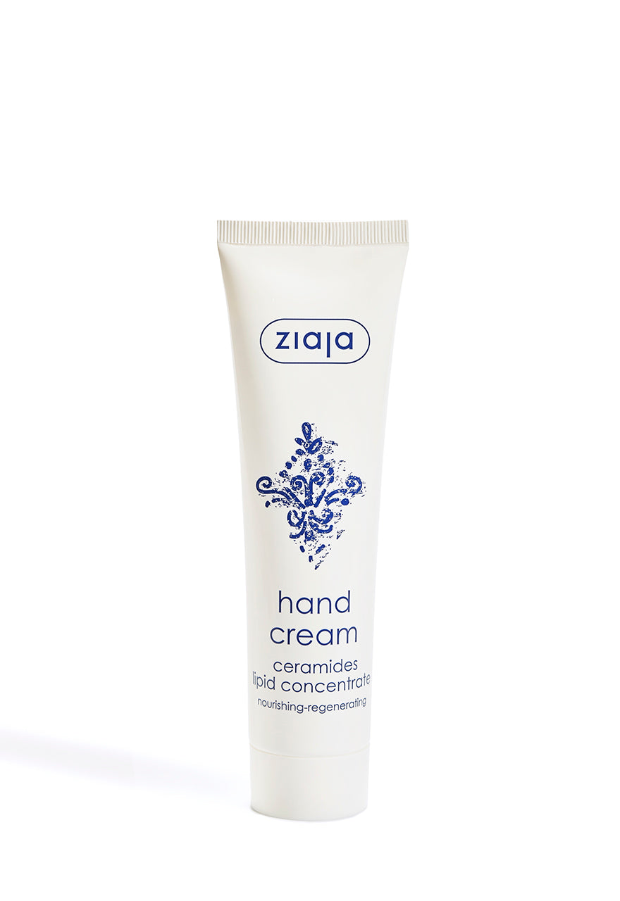 Ziaja Ceramides Lipid Concentrate hand cream tube (nourishing and regenerating) on a white background.