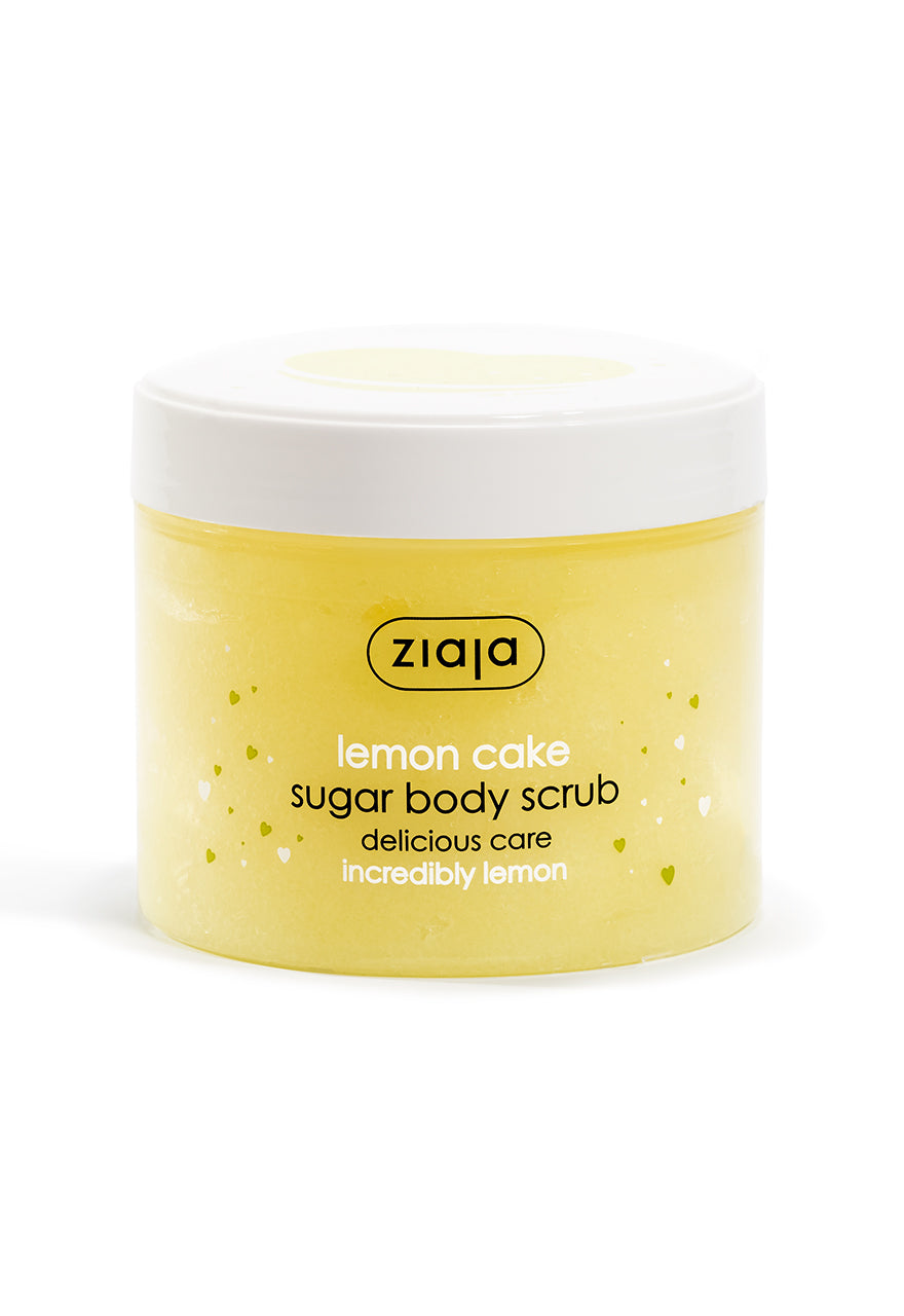 A yellow jar of Ziaja Lemon Cake Sugar Body Scrub with natural sugar crystals visible on the surface.