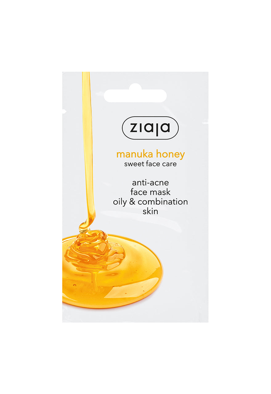 A sachet of Ziaja Manuka Honey Face Mask, with a visual of honey flowing down, indicating the product's consistency.