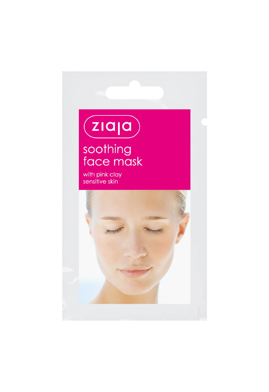 Packaging of Ziaja Soothing Face Mask with pink clay, displaying the product and its name, marked as suitable for sensitive skin.