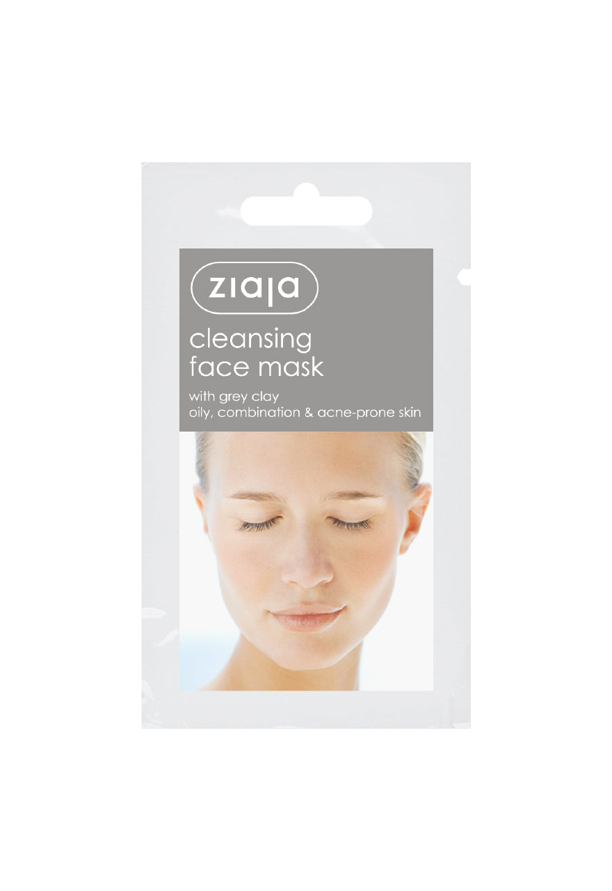 A sachet of Ziaja cleansing face mask with grey clay, with the product's benefits and suitability for oily and combination skin highlighted.
