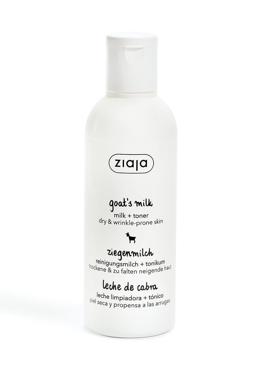 A white bottle with a pump dispenser labeled Ziaja Goats Milk Milk + Toner 200ml for face care.