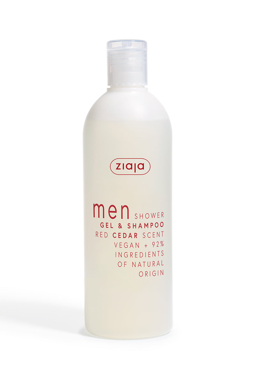 A white bottle of Ziaja Men Shower Gel and Shampoo with red cedar scent, 400ml.