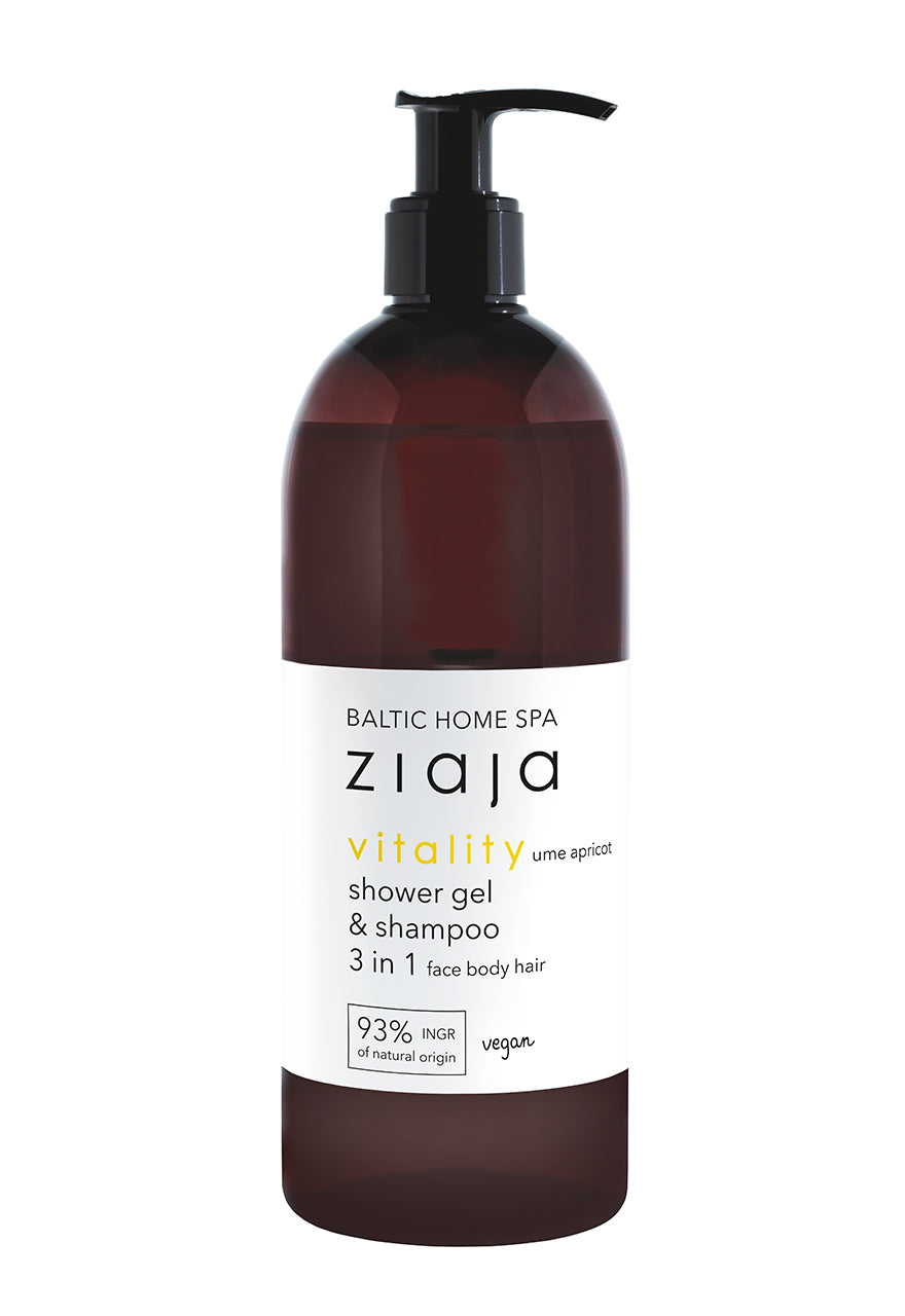 A dark brown bottle with a pump dispenser labeled 'Ziaja Baltic Home Spa Vitality Shower Gel and Shampoo 3 in 1'.